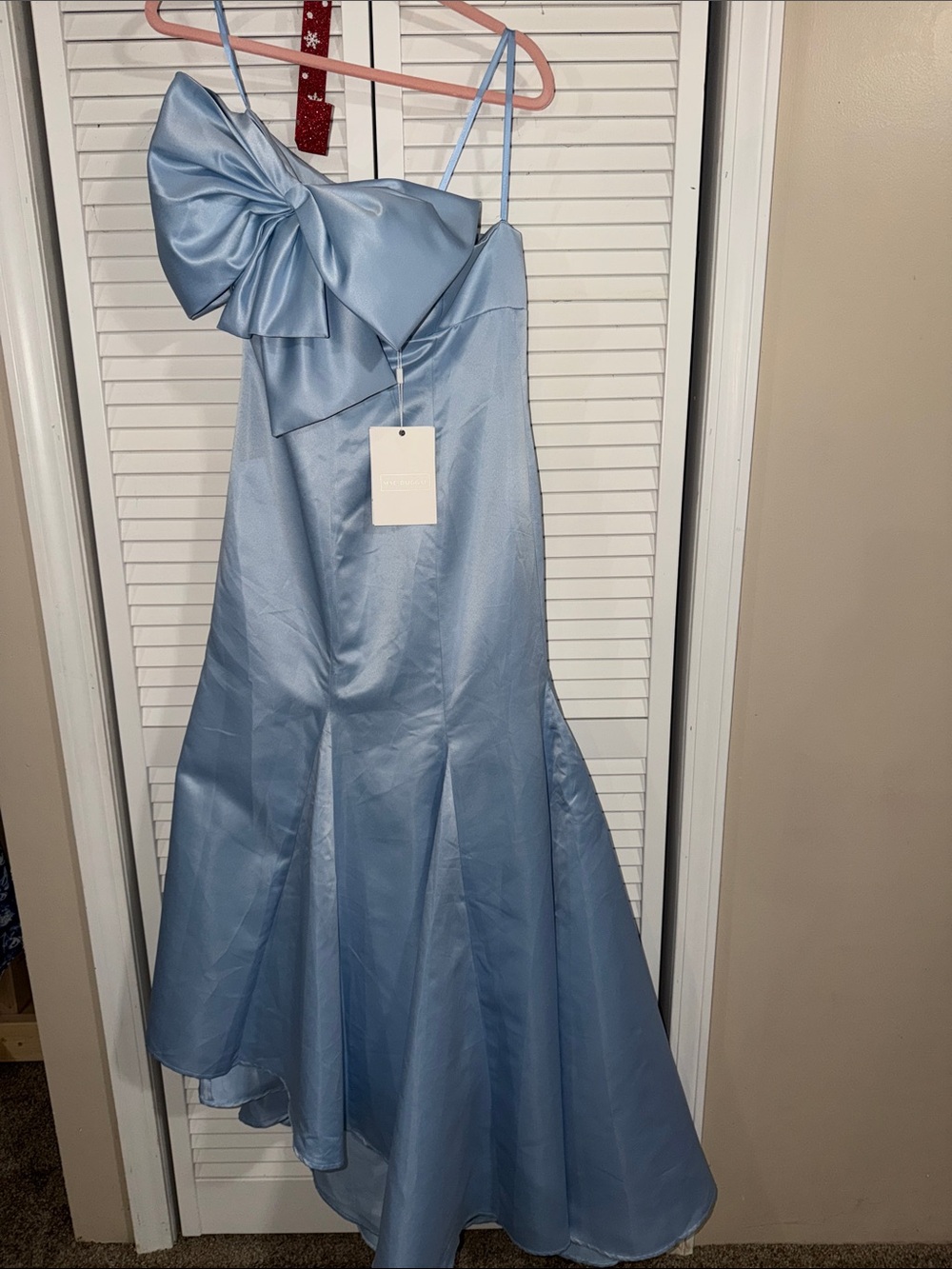 Mac Duggal Strapless Light Blue Satin Gown with Oversized Bow - Picture 7 of 14